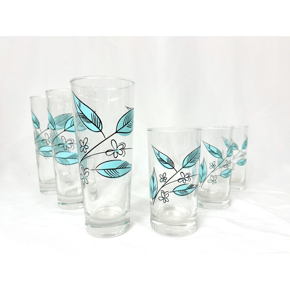 Vintage Set of 6 Blue Leaf Salem Biscayne Royal Windsor Glasses Tumblers 2 sizes